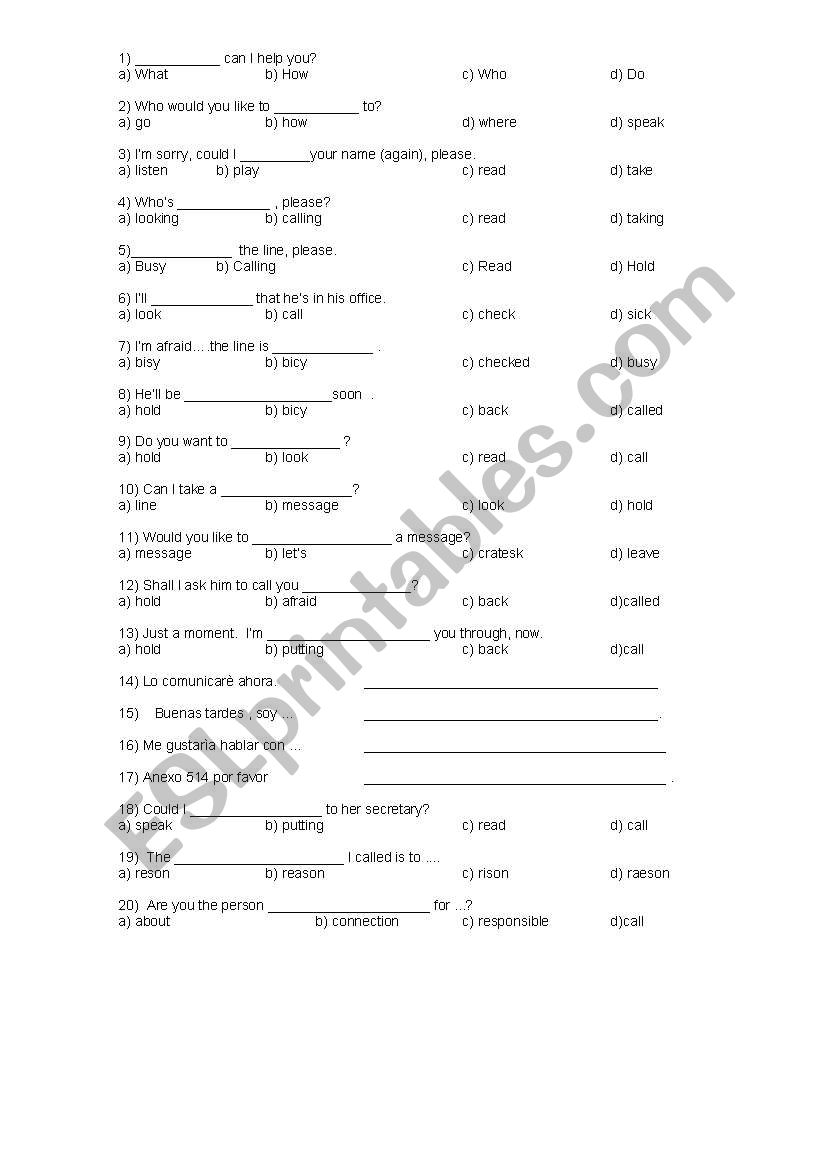 Telephoning exercises worksheet