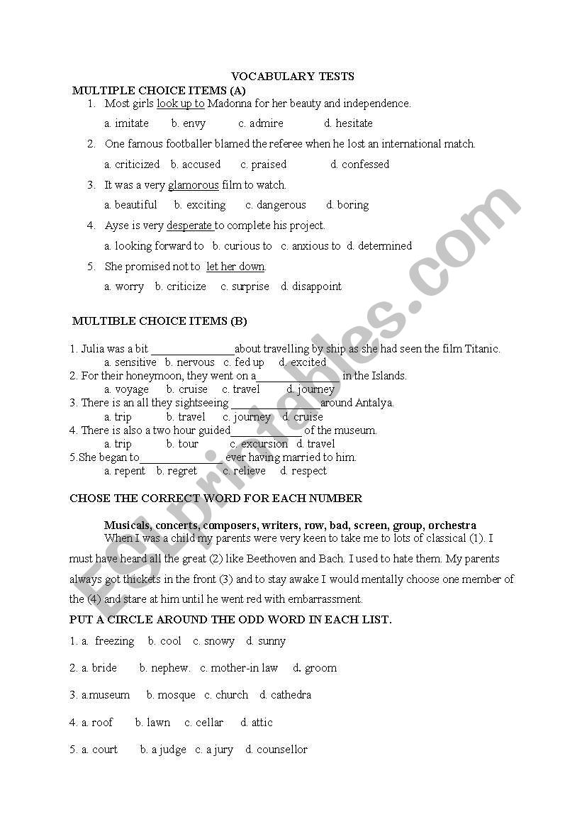 vocabulary test worksheet