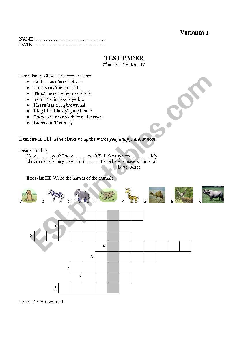 Test Paper - 5th grade - elementary
