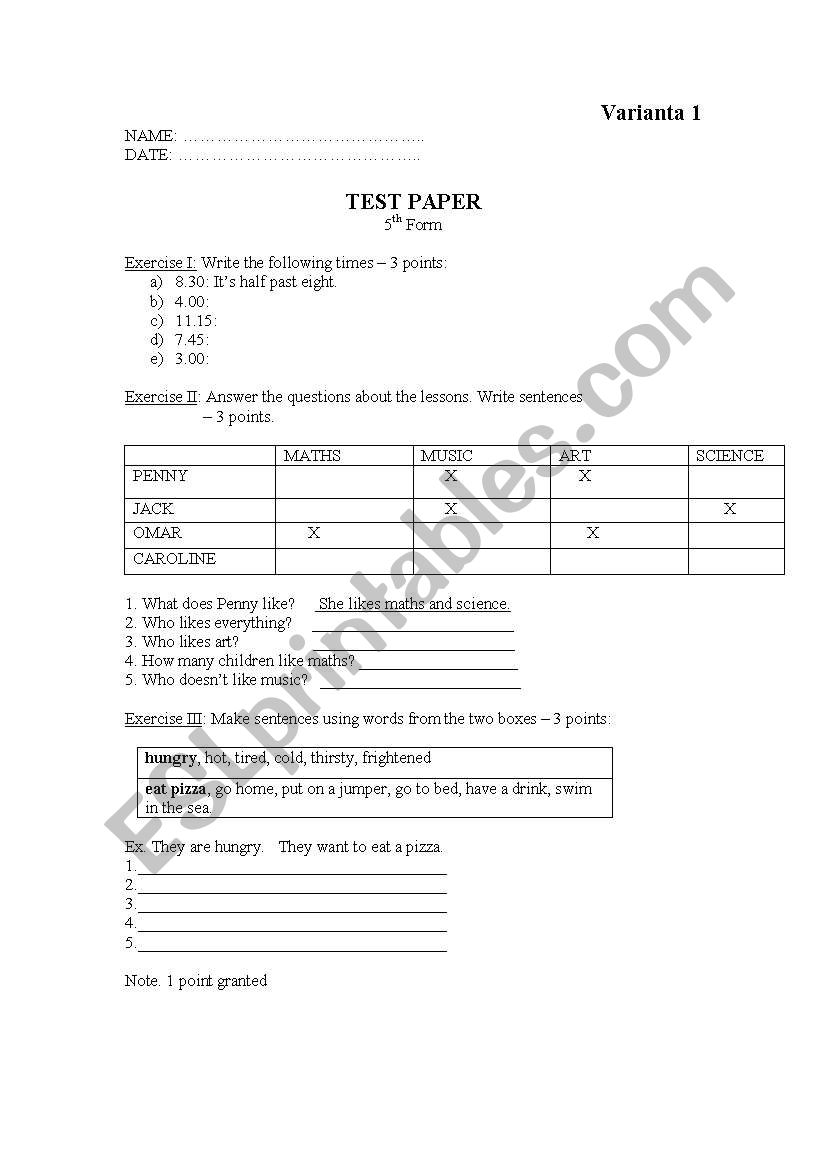 Test paper - 5th grade worksheet