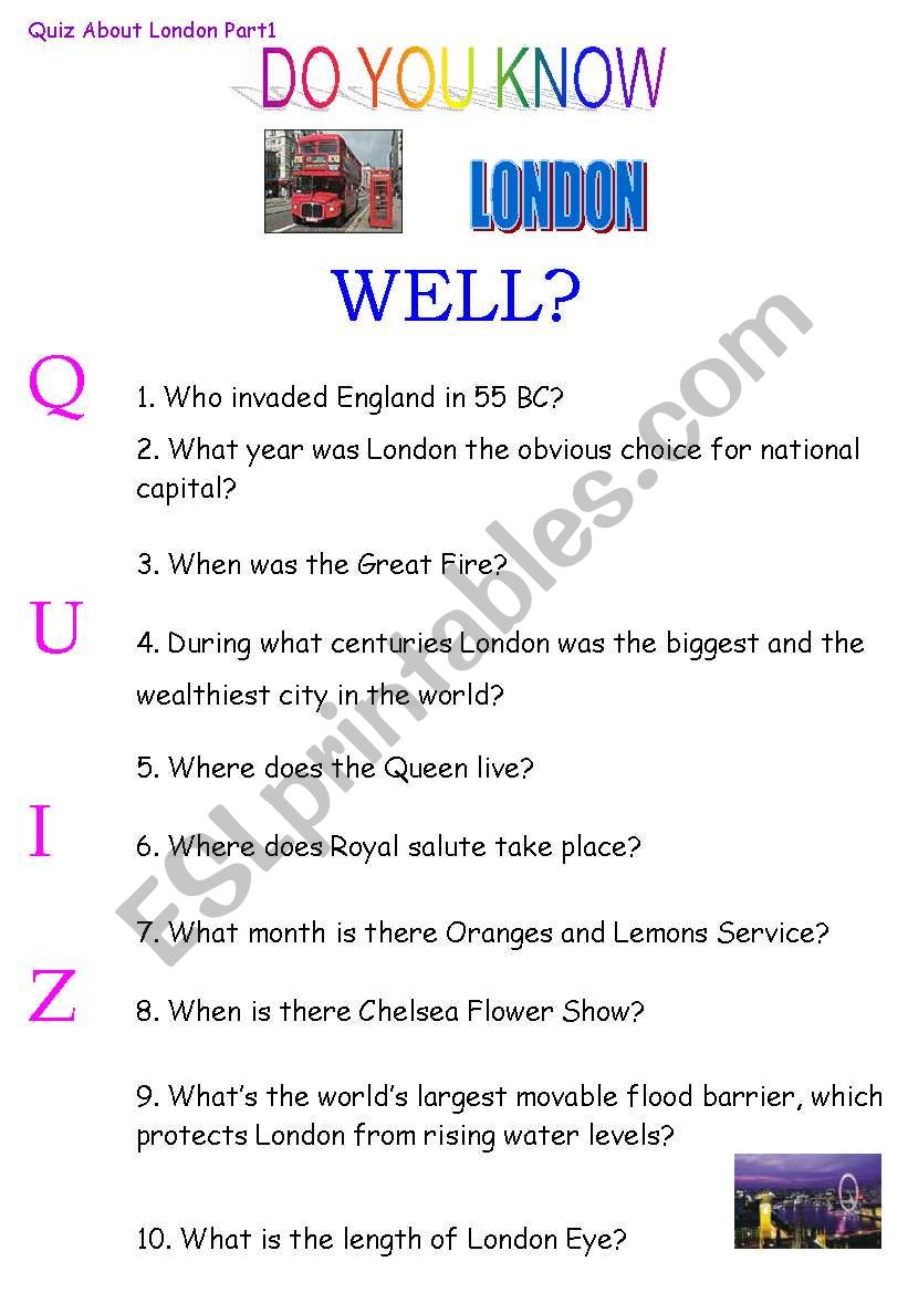 QUIZ ABOUT LONDON worksheet