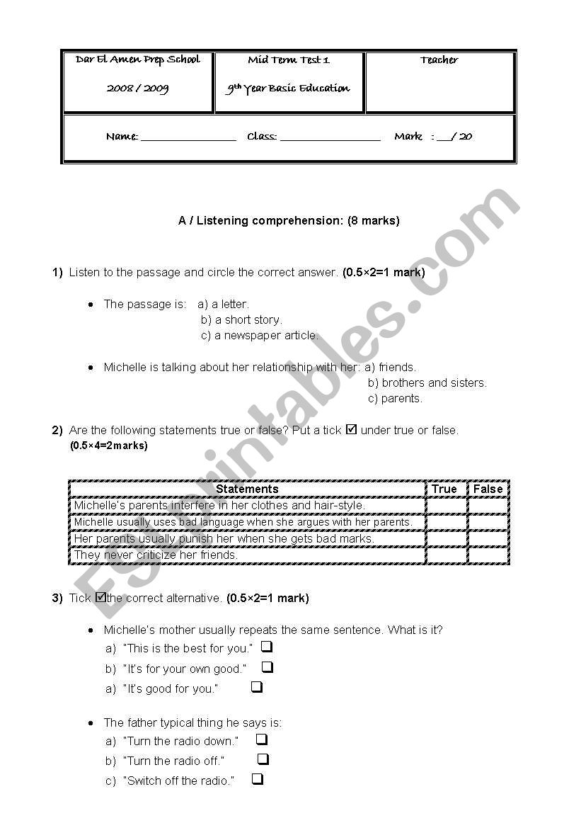 exam worksheet