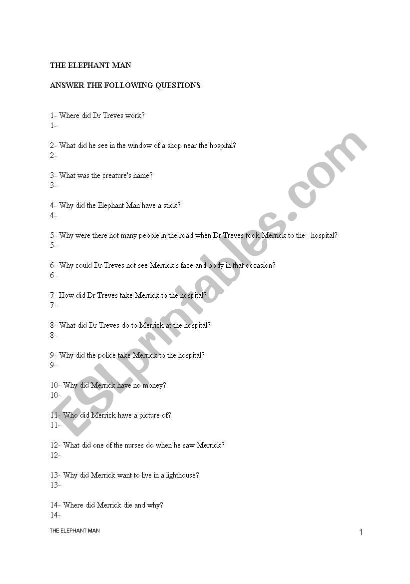 Reader: The elephant man worksheet