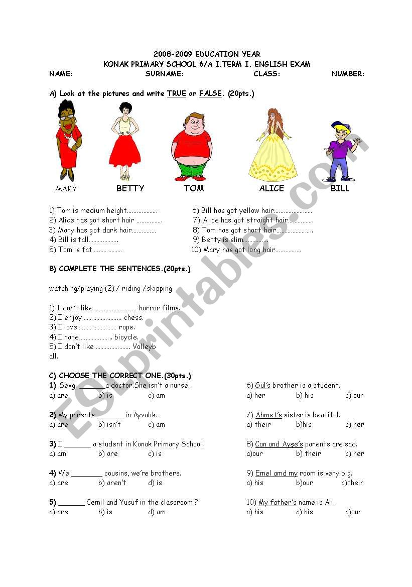 an exam  worksheet