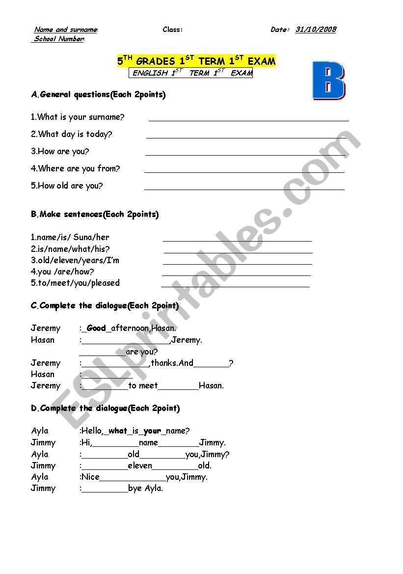 exam  for beginner worksheet