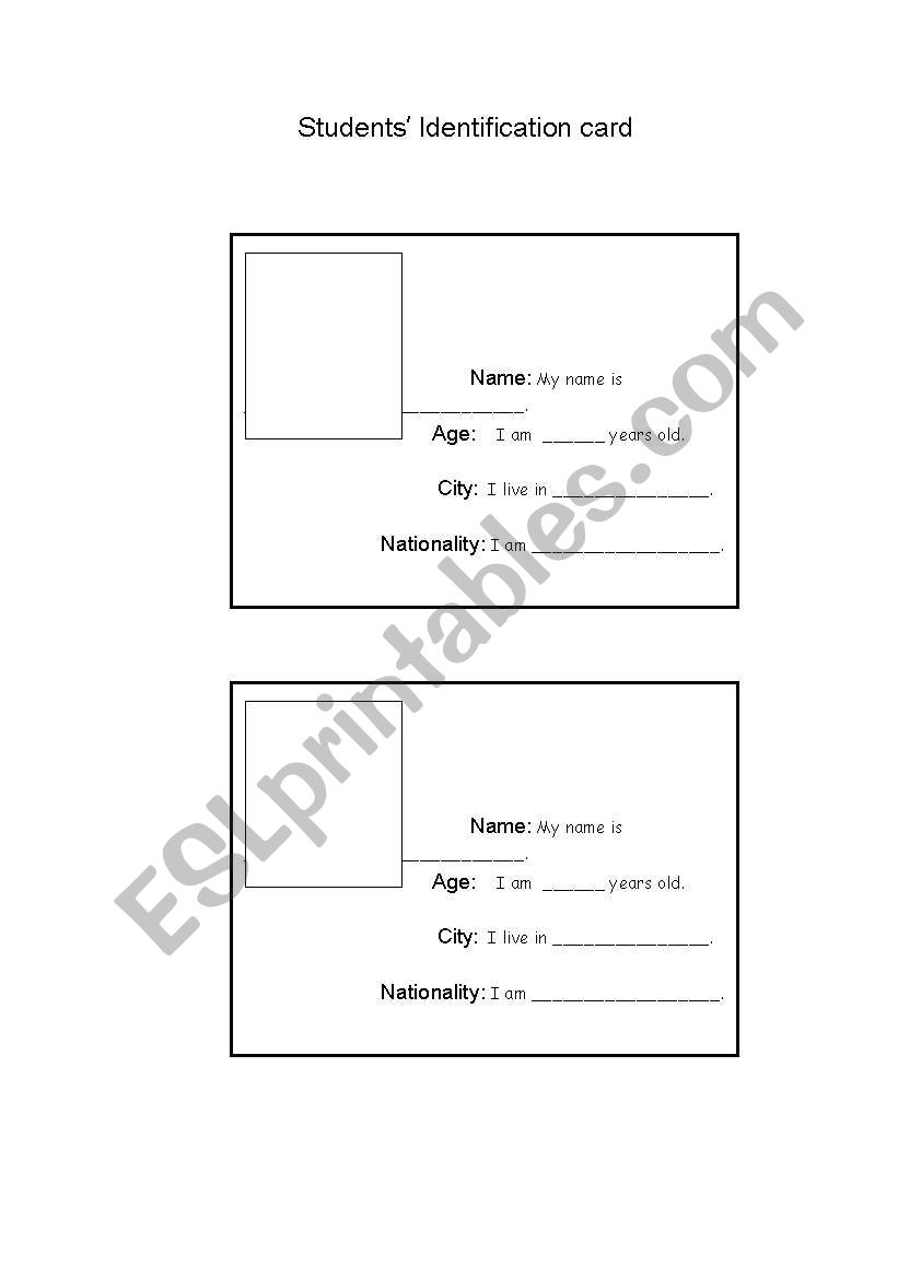 students identification card worksheet