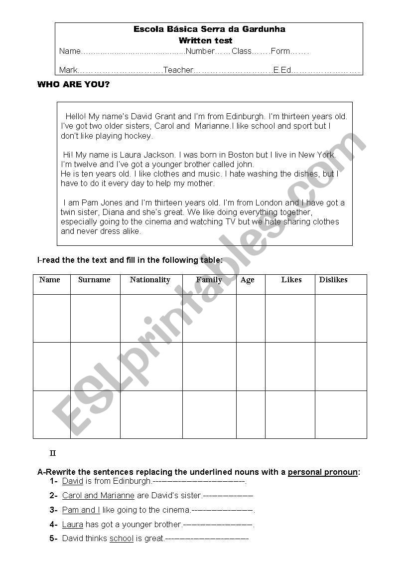 PERSONAL IDENTIFICATION worksheet