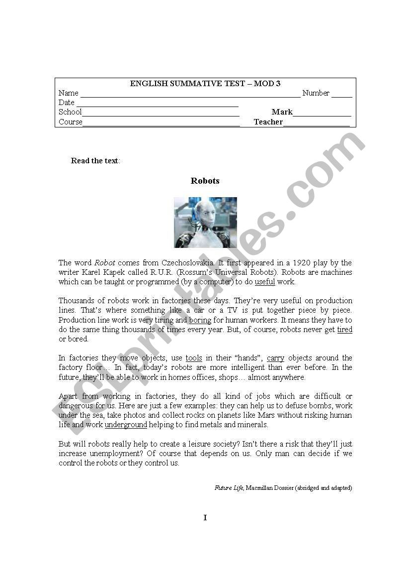 English Test about Robots worksheet