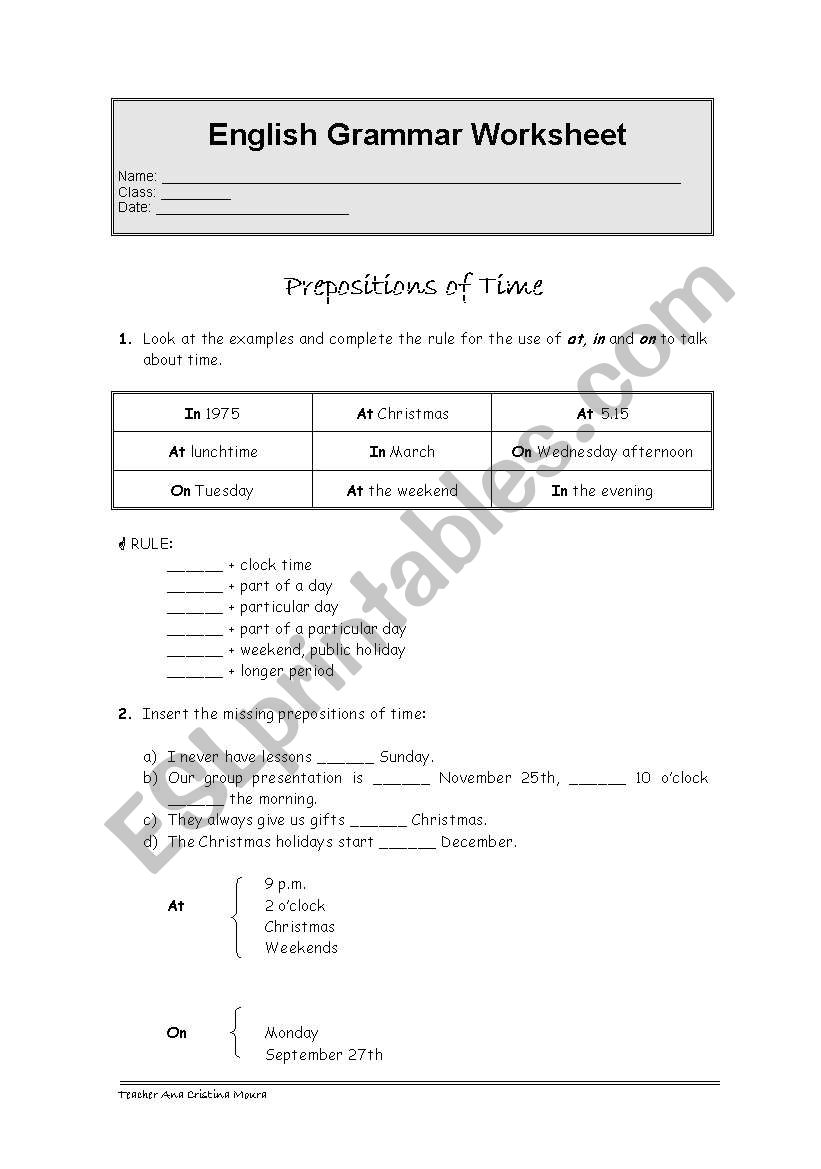 Prepositions of time, Possessive and relative pronouns