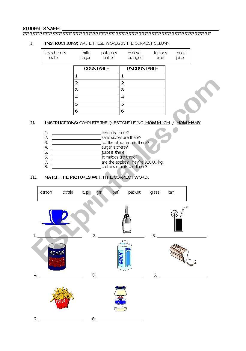 COUNTABLE AND UNCOUNTABLE worksheet