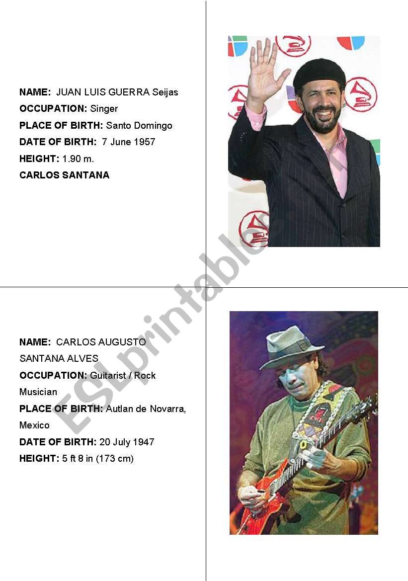 Famous people cards 6 worksheet