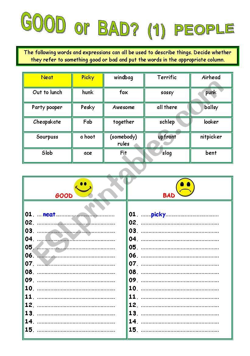 Good or Bad?  (1)  People worksheet