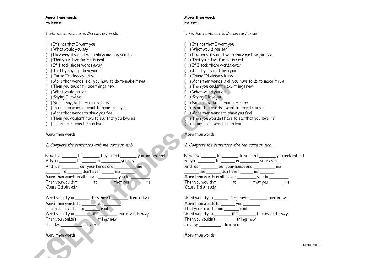 Song - More Than Words worksheet