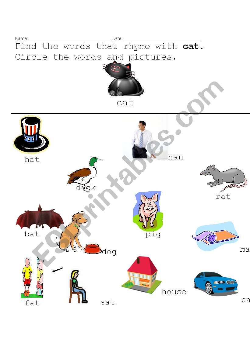 What rhymes with cat?  worksheet