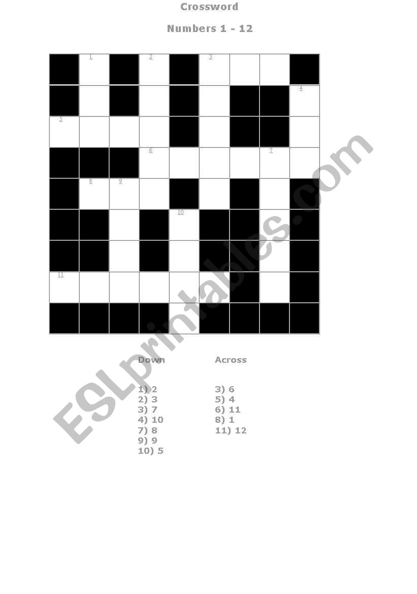 Crosswords  Numbers 1-12  worksheet