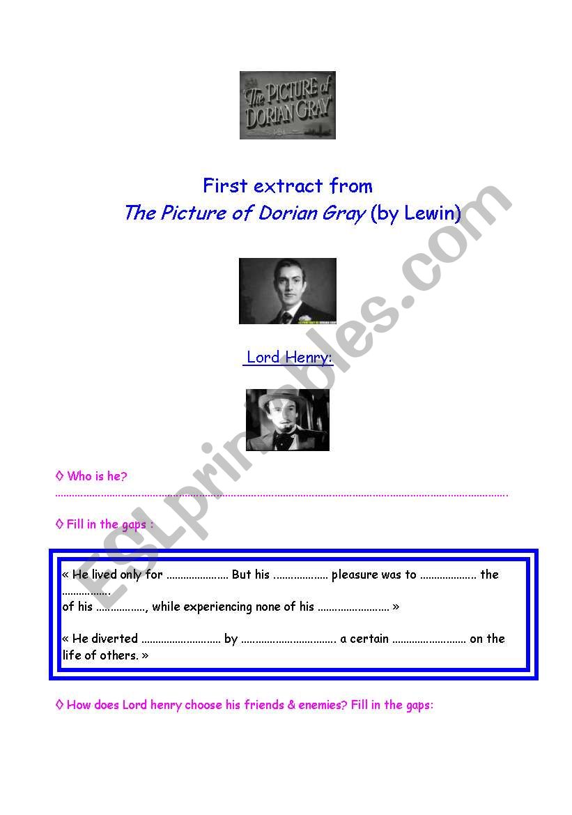 Picture of Dorian Gray worksheet (film by Lewin) Part 1