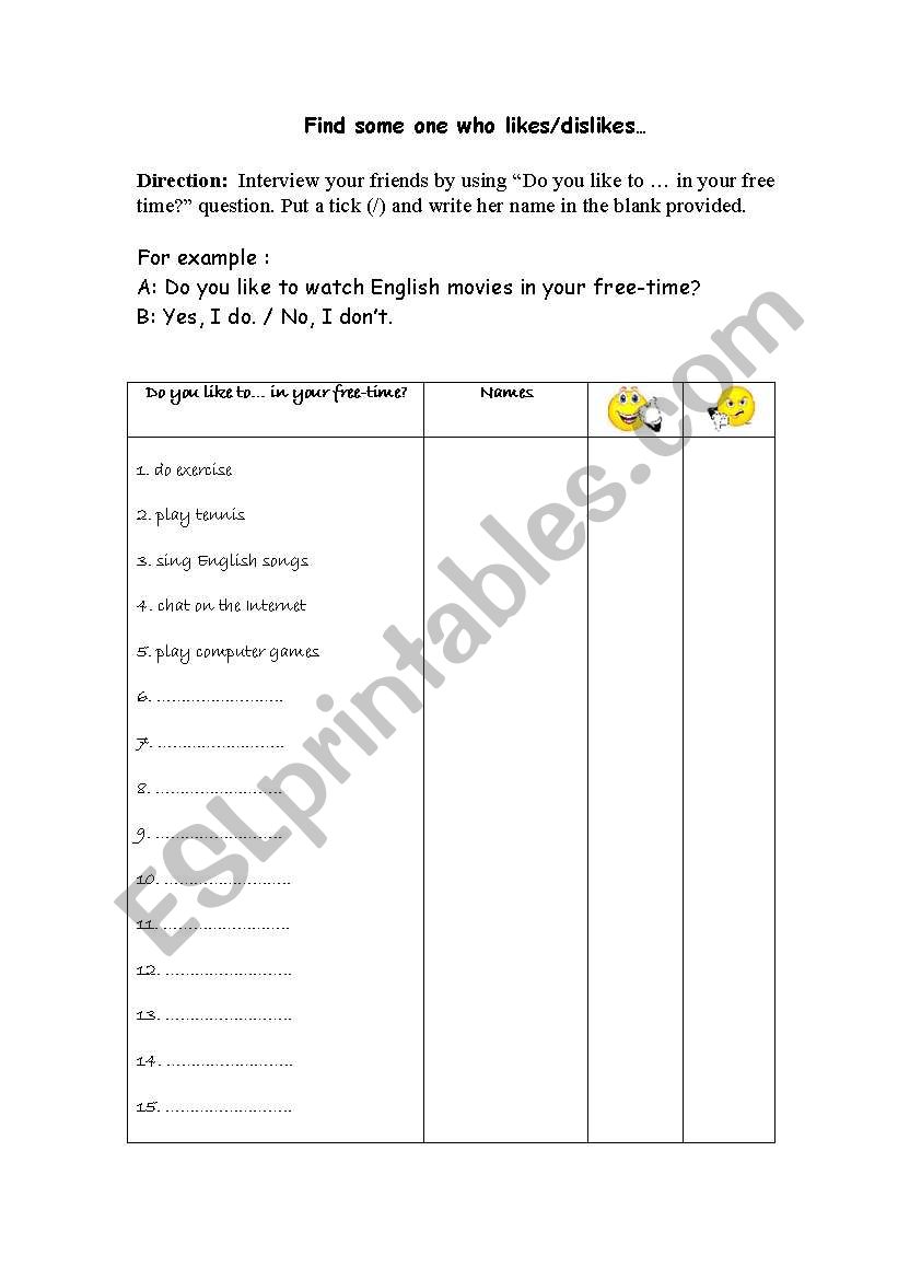 like/dislike worksheet