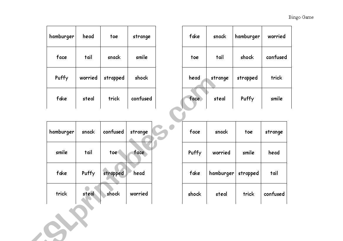 Vocabulary Bingo worksheet
