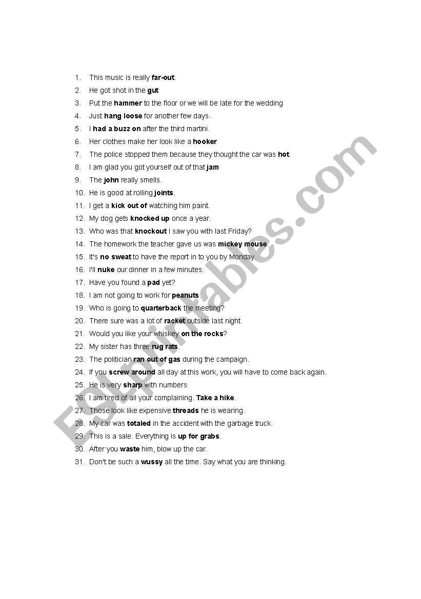 31 flavors of SLANGS worksheet