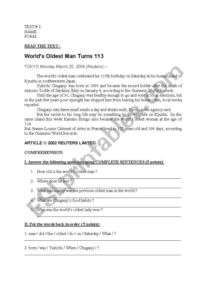 COMPARATIVE/SUPERLATIVE TEST: the worldÂ´s oldest man