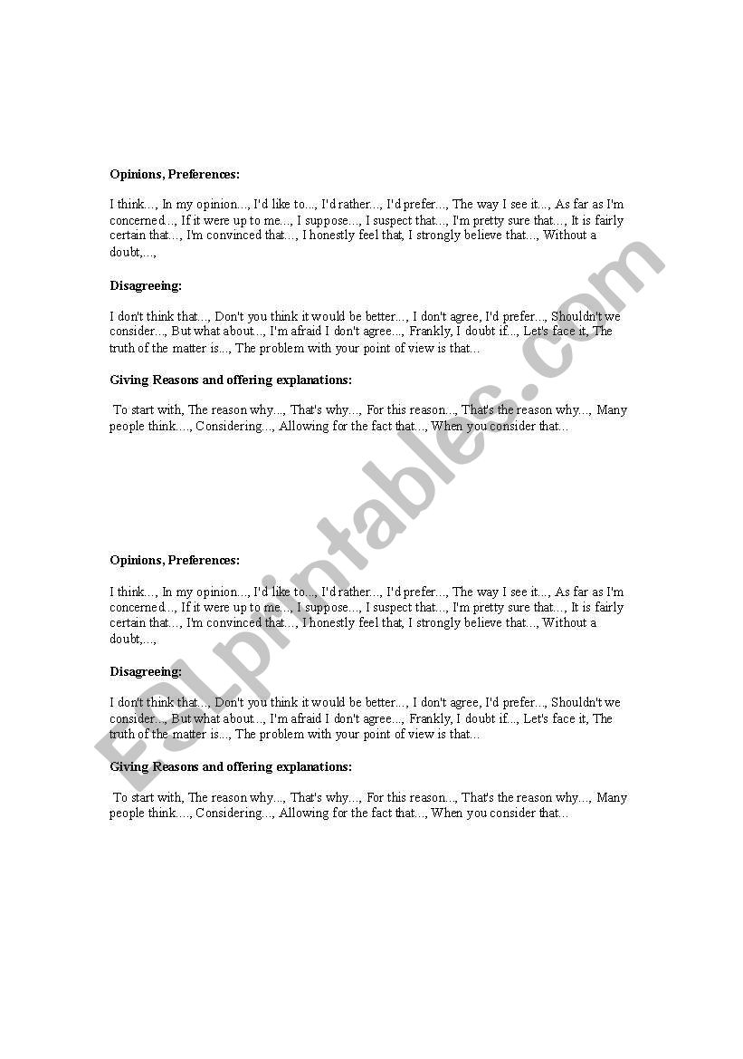 expressing opinions worksheet