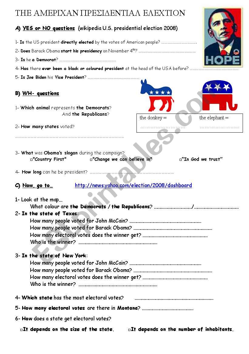 American Election worksheet
