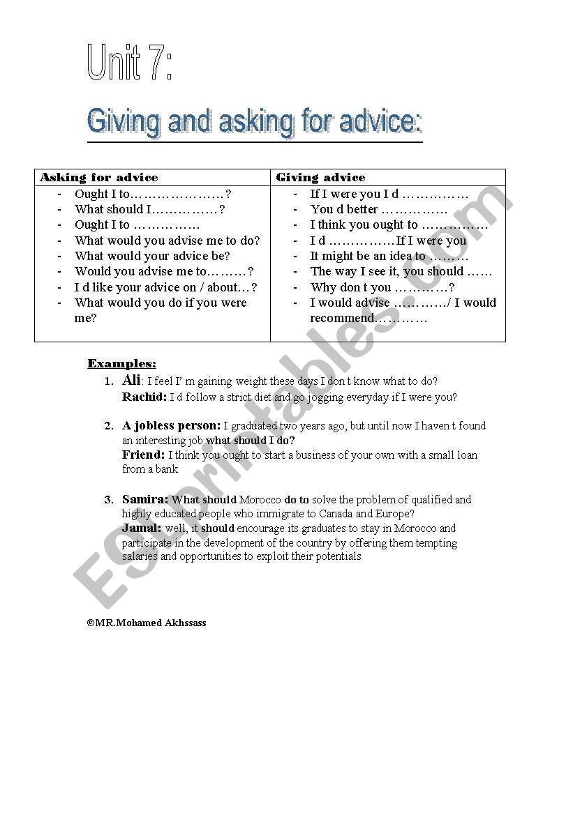 Giving and asking for advice worksheet