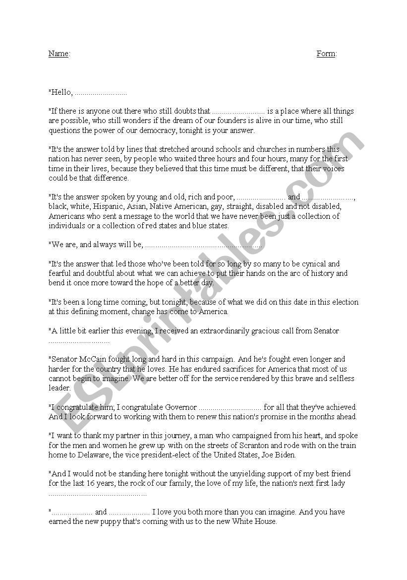 Obamas victory speech_Part 1 worksheet