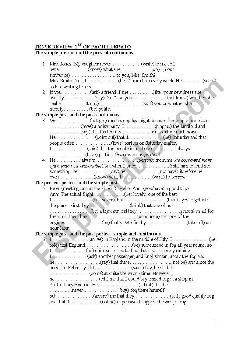 Verbal Tenses Review of 1st Bachillerato