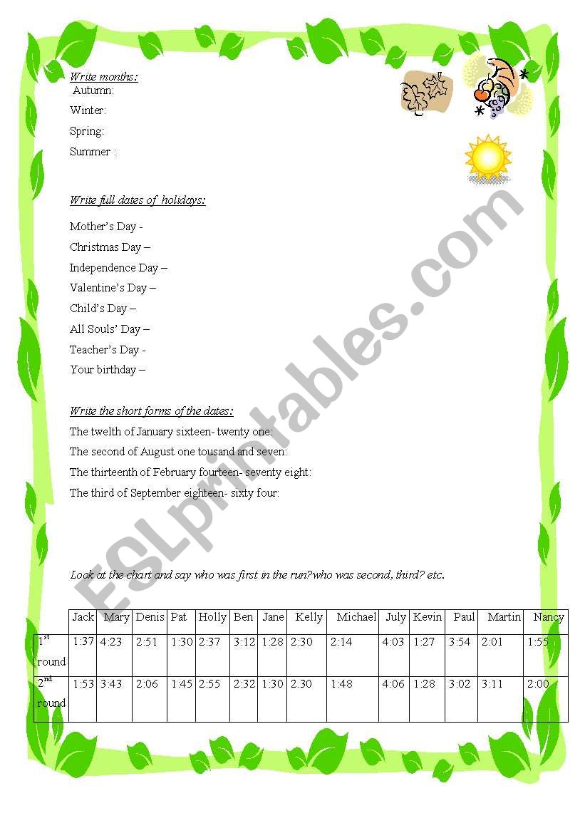 ordinal numbers, dates worksheet