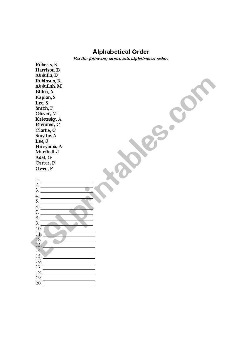 Alphabetical order worksheet