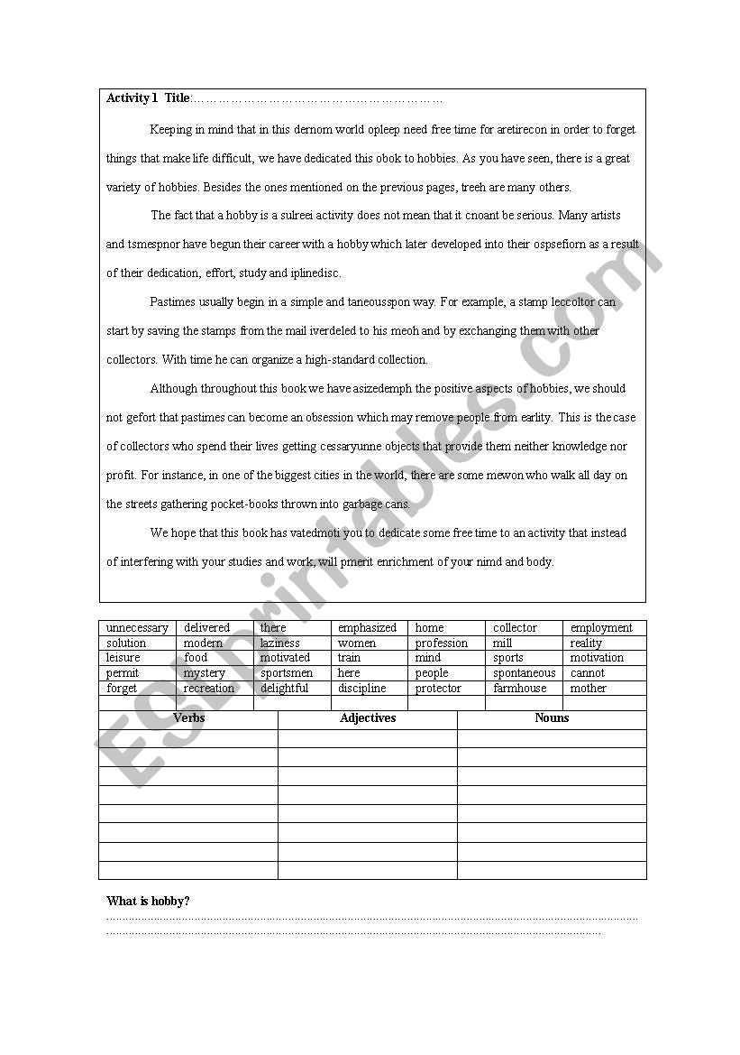 hobbies worksheet