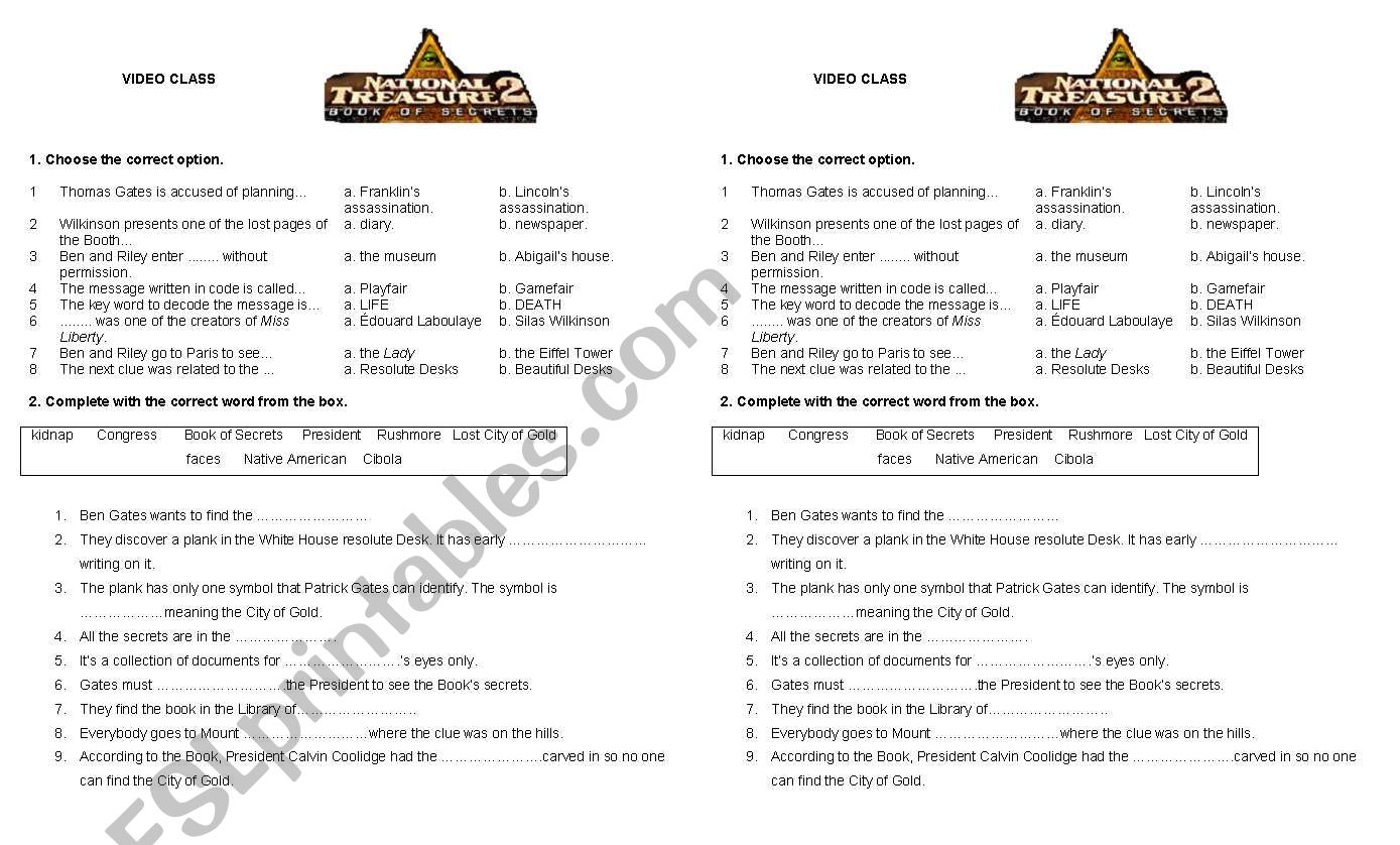 NATIONAL TREASURE 2 worksheet