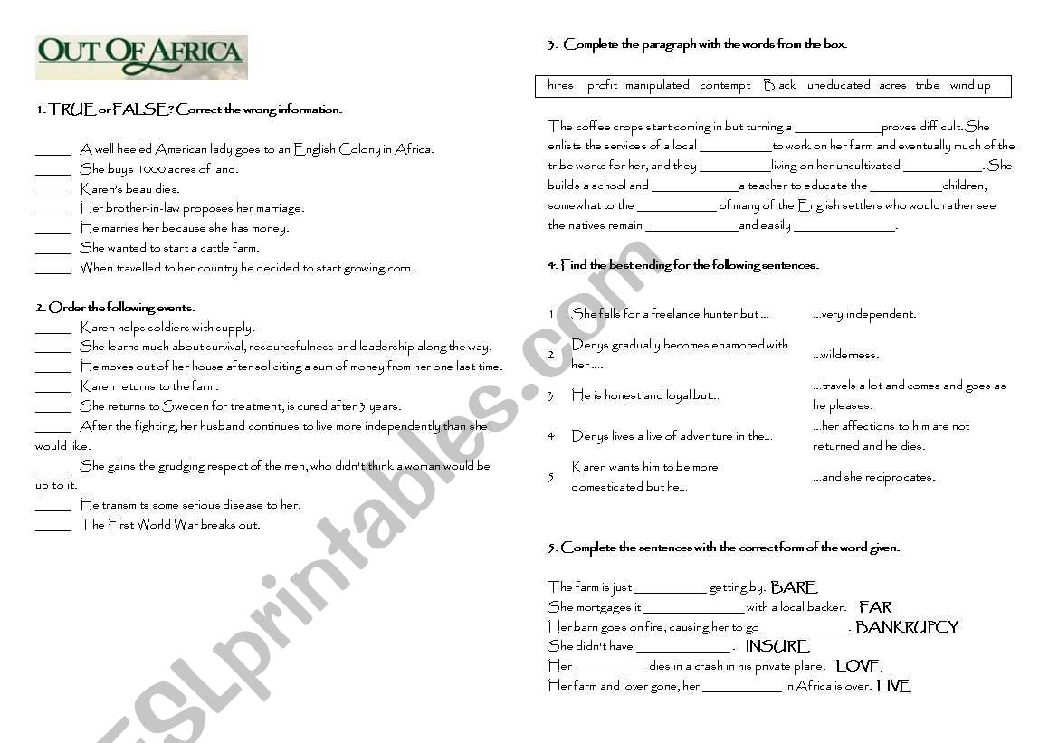 OUT OF AFRICA worksheet