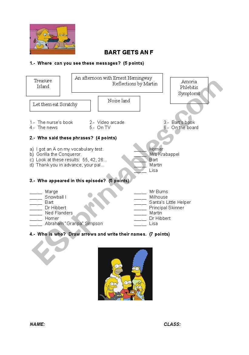 Bart gets an F worksheet