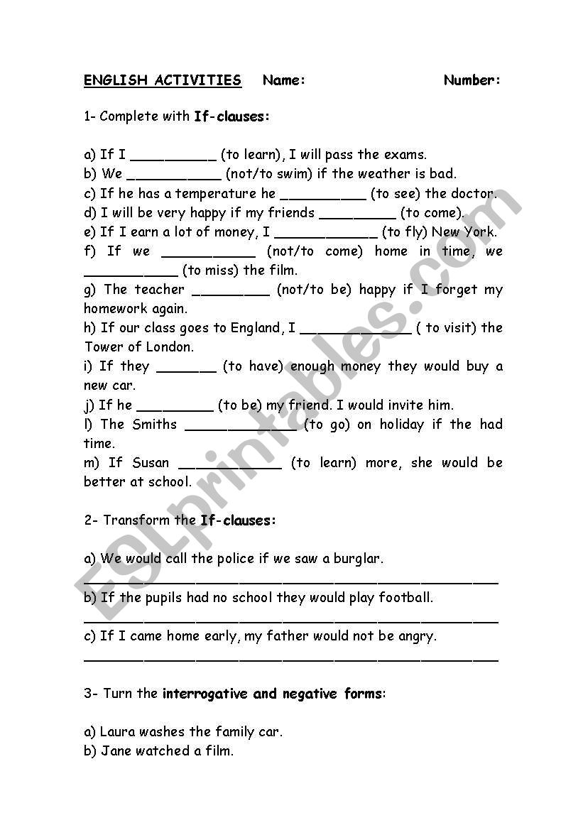 IF CLAUSES worksheet