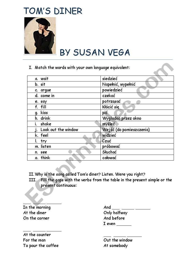 Toms Diner by Susan Vega worksheet