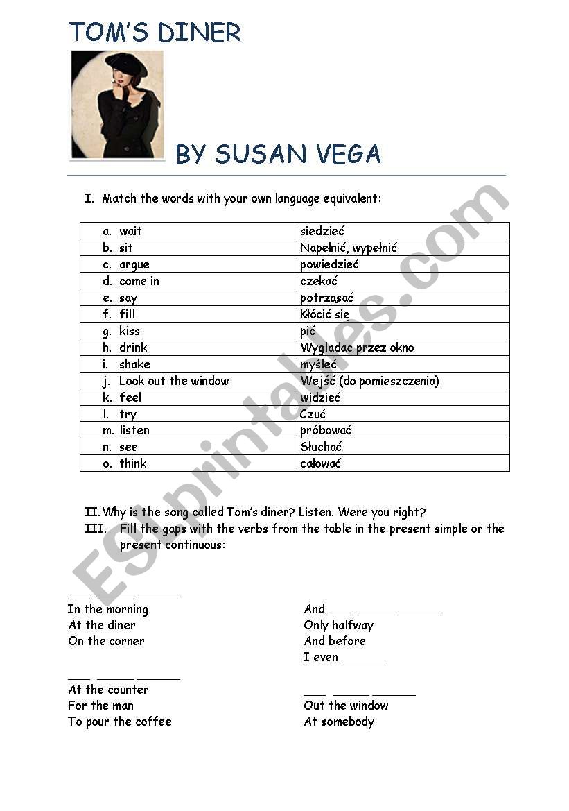 TomÂ´s Diner by Susan Vega worksheet