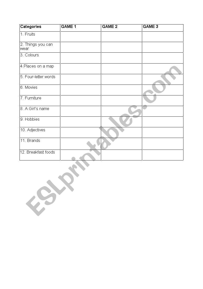 Scattergories Game worksheet