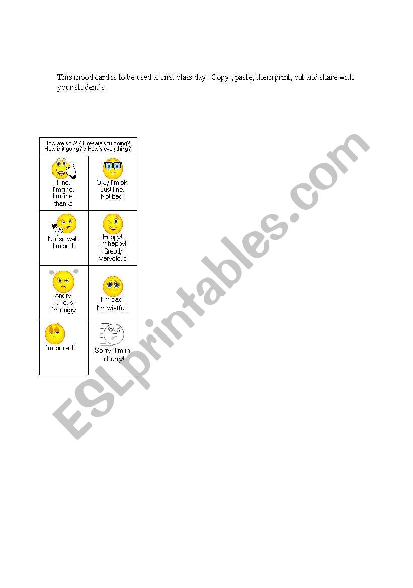 Mood Card (Greetings) worksheet