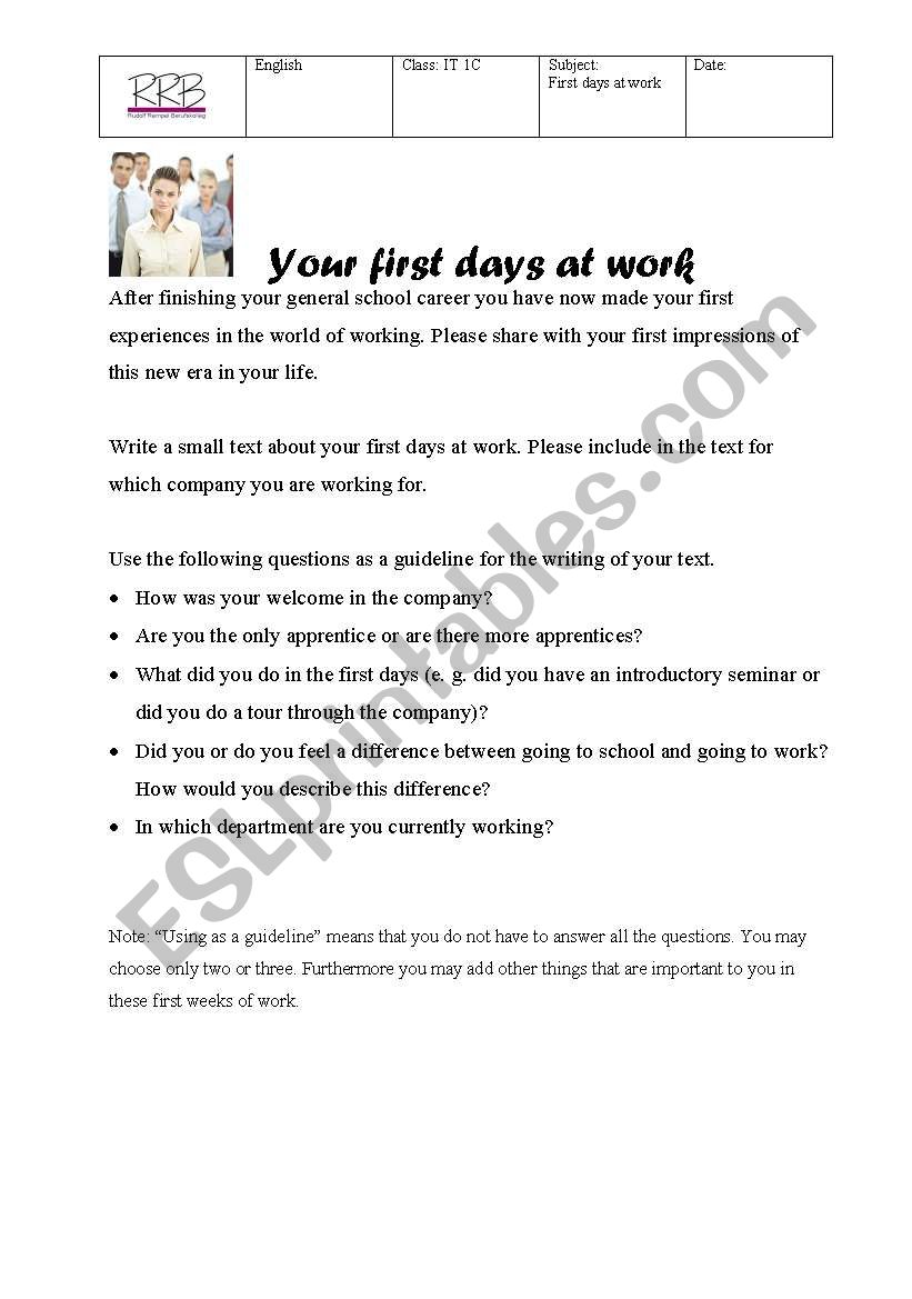 Your first days at work worksheet