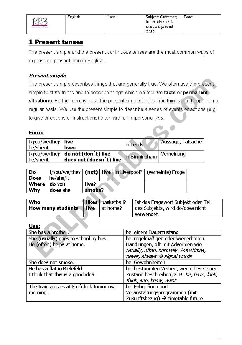 Present tense worksheet