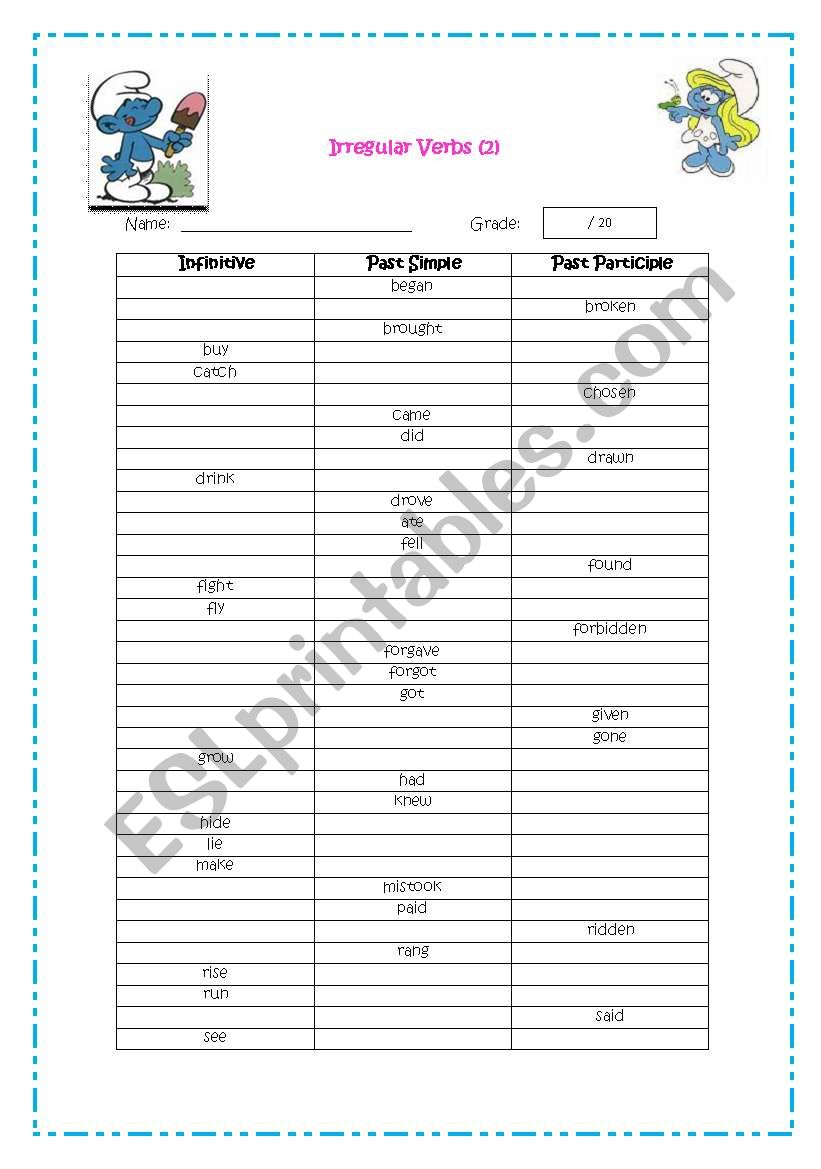 irregular verbs 2 quiz worksheet