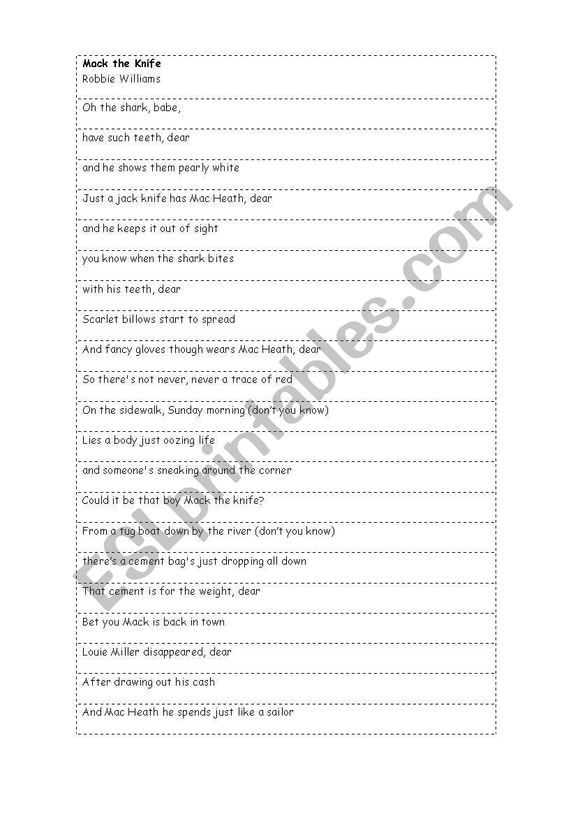 Song - Mack The Knife worksheet