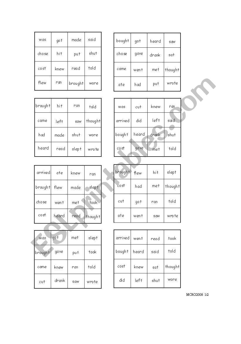 Simple Past Bingo (1/2) worksheet