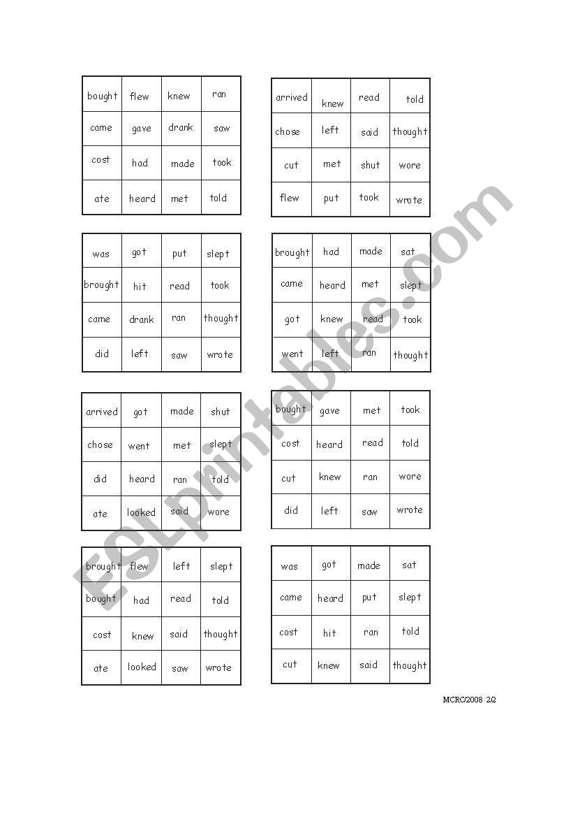 Simple Past Bingo (2/2) worksheet