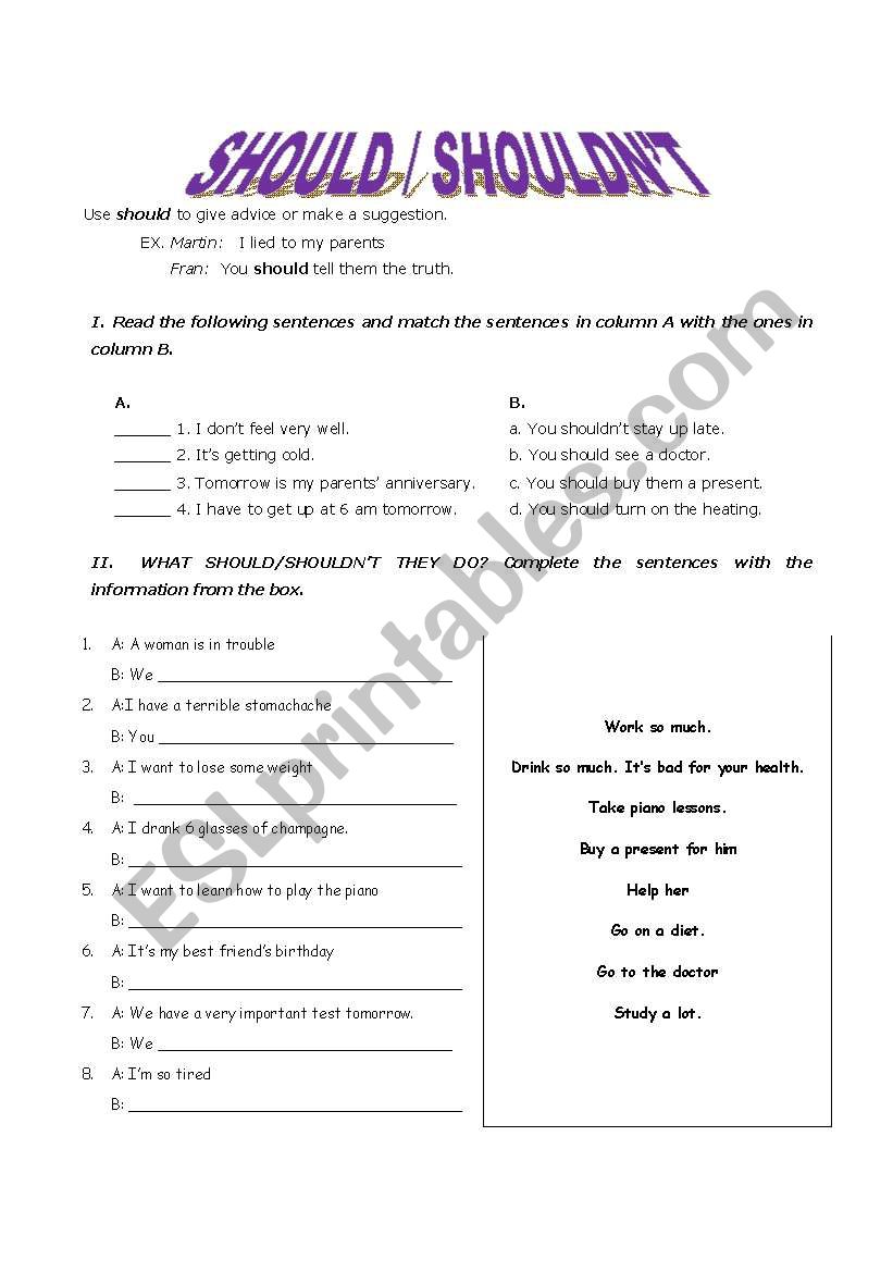 should / shouldnt worksheet