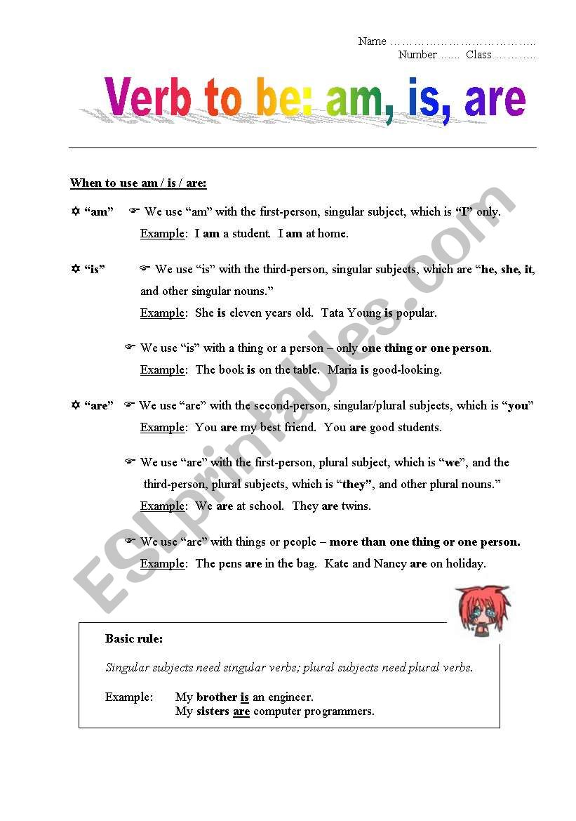 Verb to be: am, is, are worksheet