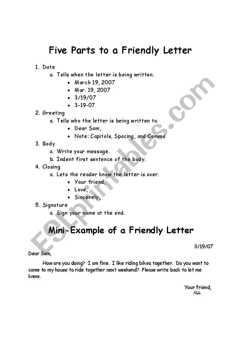 Five Parts to a Friendly Letter