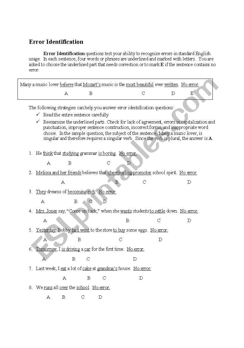 Grammar Error Identification worksheet